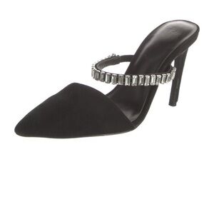 LPA Black Suede Heels w Chunky Crystal Embellished Strap Classy Mules Shoes